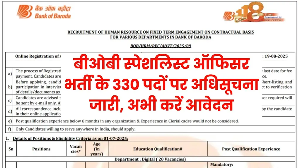 Bank Of Baroda SO Vacancy 2025